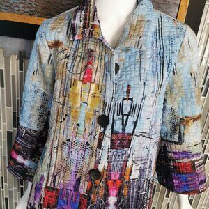 Damee Multi Color Art To Wear Semi Sheer Puff Sleeve Top Size M 0082  Damee  But